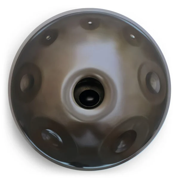 Handpan von Satya Sound Sculpture, F3 Low Pygmy 11+1+7 aus Edelstahl, 440 Hz, Unterseite mit Bottom Notes